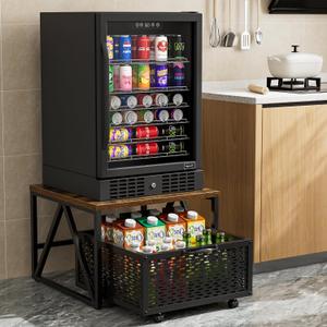 Urban Deco Mini Fridge Stand with Storage, Heavy Duty Fridge Cart with Drawer Basket, Mini Refrigerator Table for 220 LBS, Mobile Fridge Stand with Swivel Wheels for Dorm,Office,Home, Retro Brown, Brown-NW
