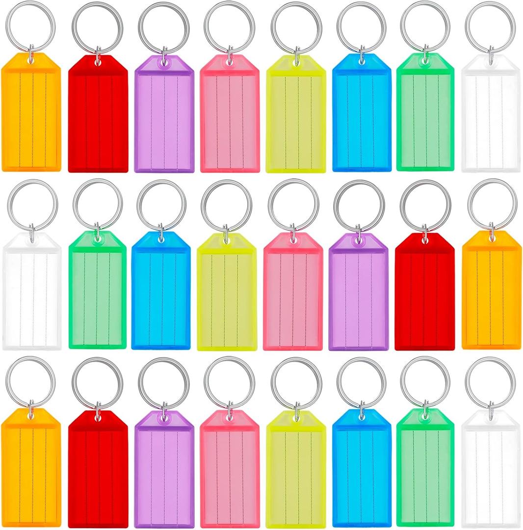 Uniclife 200 Pieces Key Tags 2 Inch Plastic Key Chain Tags with Ruled Blank Paper Labels Transparent Covers and Split Rings Sturdy Item Identifiers, 8 Colors
