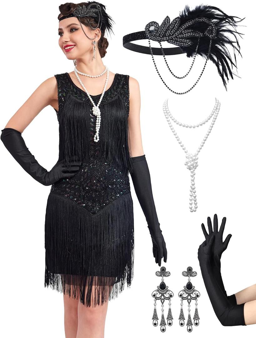 1920s Flapper Dresses for Women, Lace V-Neck Great Gatsby Costumes with Fringe (Small, Black)