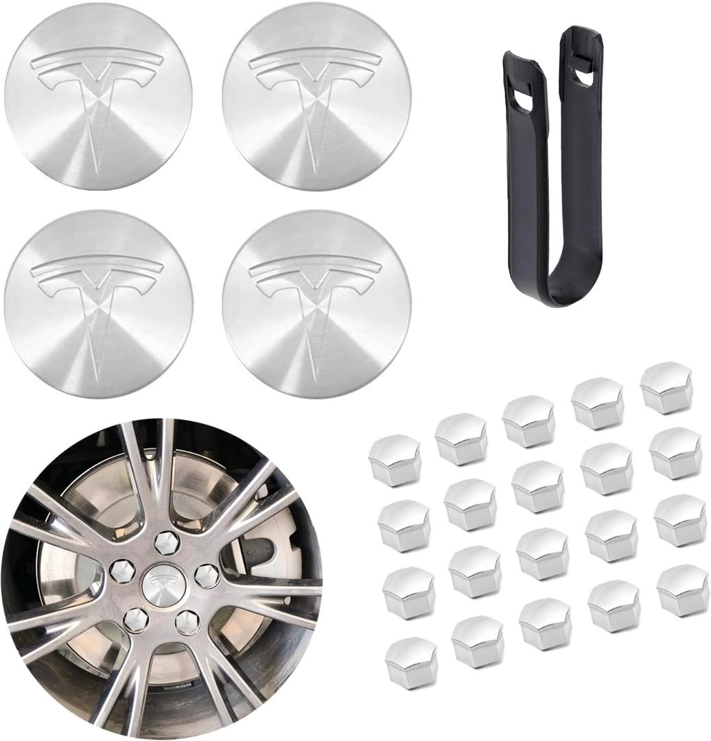 Car Wheel Center Hub Cap Kit with Logo Hubcaps Accessories for TES la Model 3 Model Y 4 Black & Sliver Hub Center Caps + 22 Black Lug Nut Covers (Sliver)