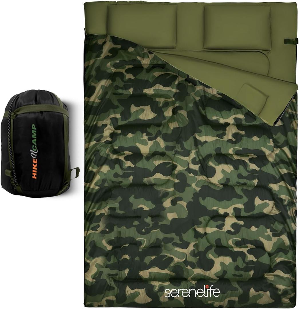 SereneLife Double Sleeping Bag with Pillows, Waterproof & Detachable for 2 Single Bags, Lightweight & Warm, Perfect for Camping, Hiking, Backpacking, and Cold Weather, Suitable for Temperatures 5-10F (Camouflage)