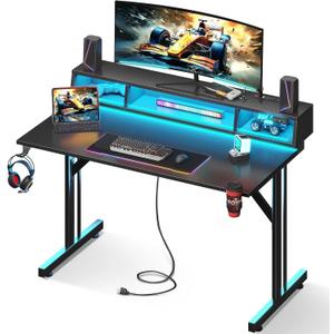 MOTPK 40 inch Gaming Desk with LED Lights & Power Outlets, Small Computer Gaming Table with Float Monitor Stand, Kids Boys Desk with Carbon Fiber Texture (Black)