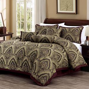 Chezmoi Collection Pierre Comforter Set King Size, 7-Piece Burgundy Black Gold Medallion Paisley Jacquard Bedding Set
