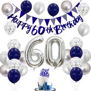 60th Birthday Decorations for Men Women, Blue Silver White Birthday Balloons, Blue Happy 60th Banner Cake Topper Number 60 Foil Balloon for 60 Year Old Party Decoration