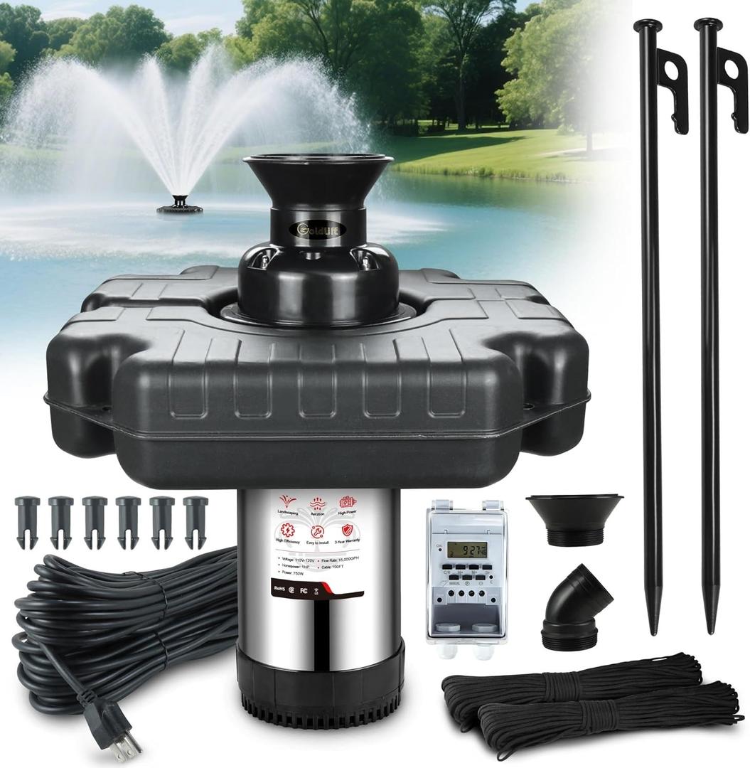 Goldlife Pond Fountain Aerator, F3 No Light, 1HP 750W 110V Stainless Steel Floating Fountain With 100 FT Power Cord, Black Octagon Aerating Fountain Pump for Small Large Ponds Lake Pool Bay Fish farm