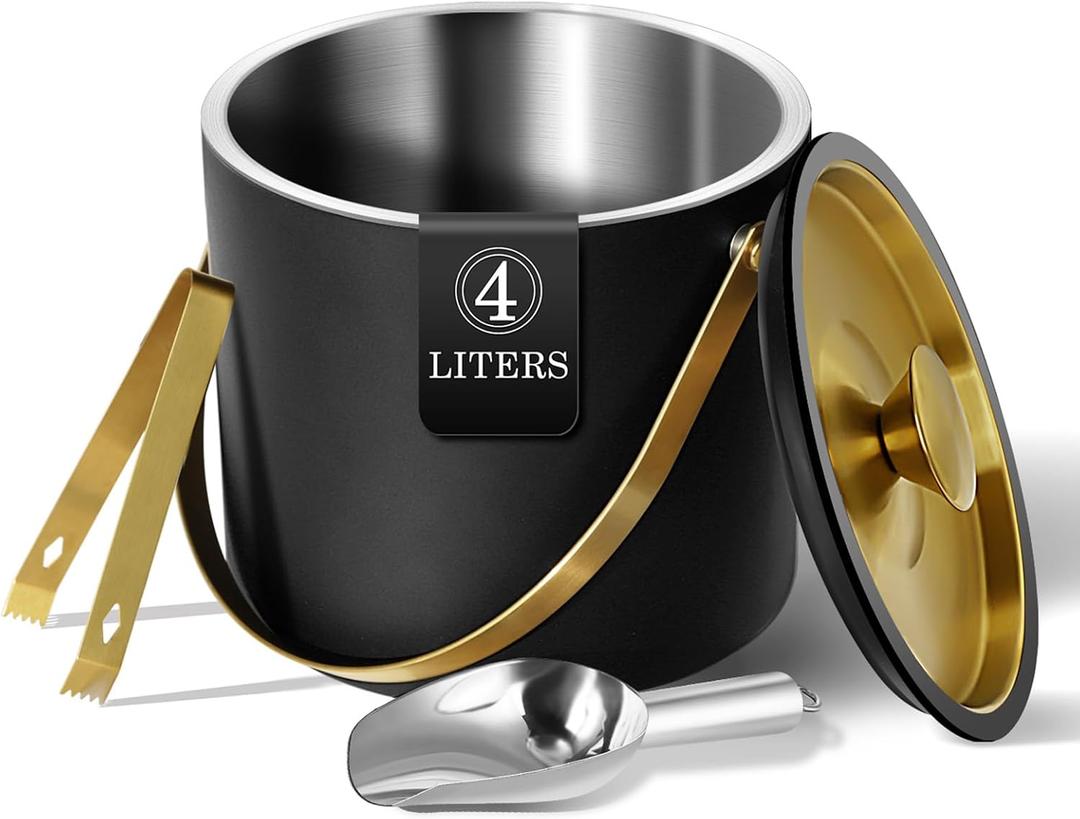 Bakpoco 4L Ice Bucket with Silicone Lid, Scoop, Gold Tongs & Strainer, Stainless Steel Double Wall Insulated Ice Buckets for Parties & Cocktail Bar Outdoor Champagne Ice Container Bin, Black