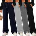 4 Pack Women's Wide Leg Sweatpants Drawstring Lounge Joggers for Women Straight Pants Elastic Waist with Pockets (Large, Navy Blue, Light Gray, Dark Gray, Black)