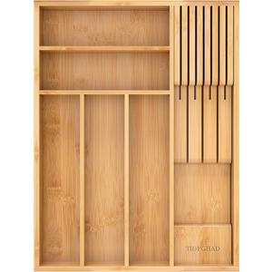 Small-Bamboo-Silverware-Drawer-Organizer, Expandable Utensil Kitchen Cutlery Tray Flatware Organization Adjustable Wood Tableware Dividers Storage (with Removable Knife Block)(Natural) (Medium)