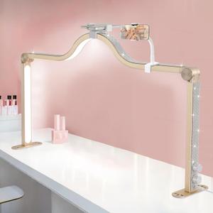 Upgraded Nail Tech Lamp with Dual Phone Holder, 34 in Foldable Large Nail Light for Desk, 3 Modes 3000K-6000K LED Manicure Lamp, Half Moon Light for Lash Eyelash Extension, Tattoo, Eyebrows (Gold)