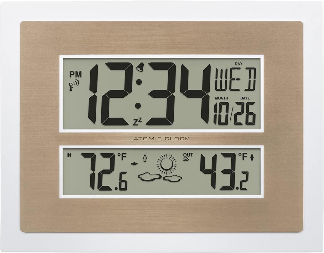La Crosse Technology 512-14937-INT Atomic Digital Wall Clock with Temperature & Forecast in White/Champagne