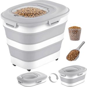 30 Lbs Dog Food Storage Container with Wheels, Collapsible Pet Food Storage Container with Clear Window, Measuring Cup & Scoop, BPA Free Cat Food Container for Rice, Flour, Grain, Bird Seed