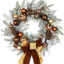 24" Christmas Wreath for Front Door Artificial Unlit Winter Wreath with Pine Cones, Berry Clusters, Bronze Ball Ornaments and Ribbon for Thanksgiving Holiday Christmas Decoration