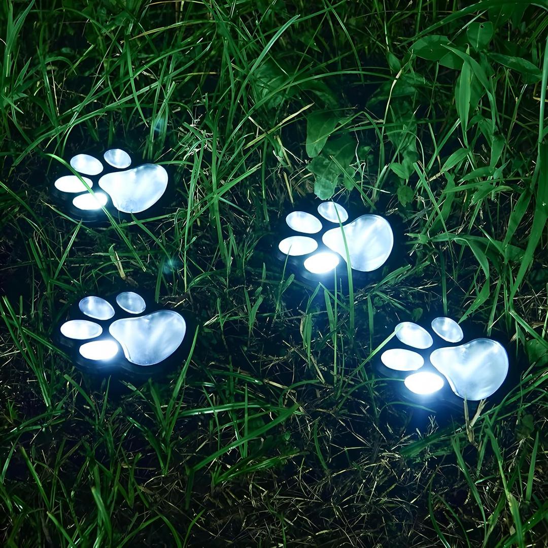4 Pack Paw Print Solar Light Outdoor,Solar Dog Paw Light for Garden Decorations,IP65 Waterproof Solar Powered Yard Cat Puppy Lights for Lawn Pet Cemetery Pathway Patio Pet Lovers (White Light)
