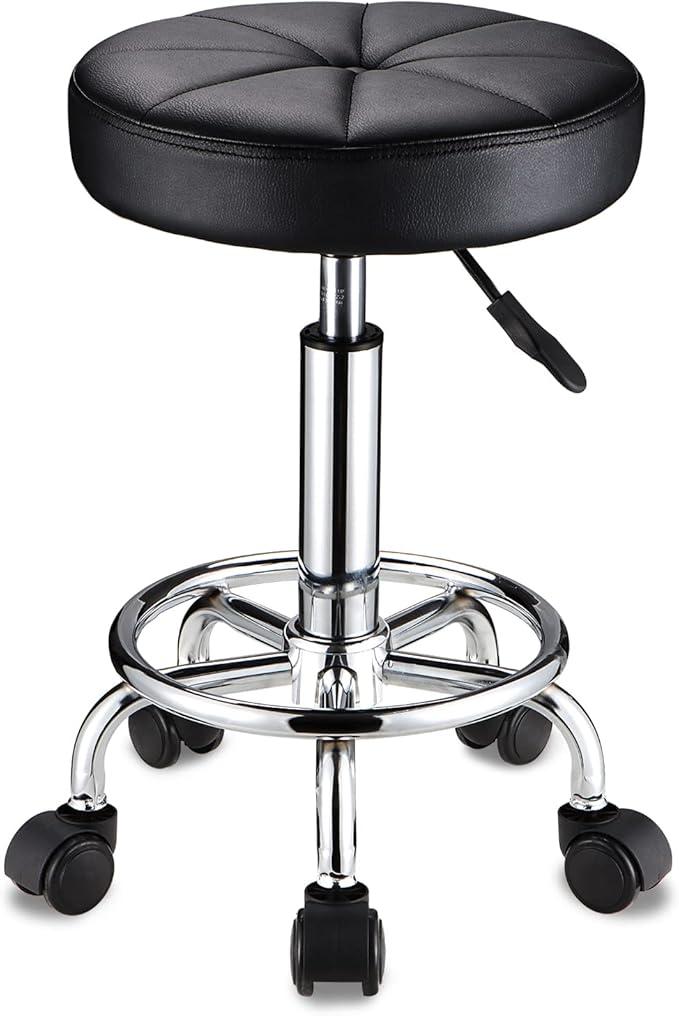 Round Rolling Stool with Wheels Height Adjustable Swivel Stool Chair for Spa Salon Massage Black