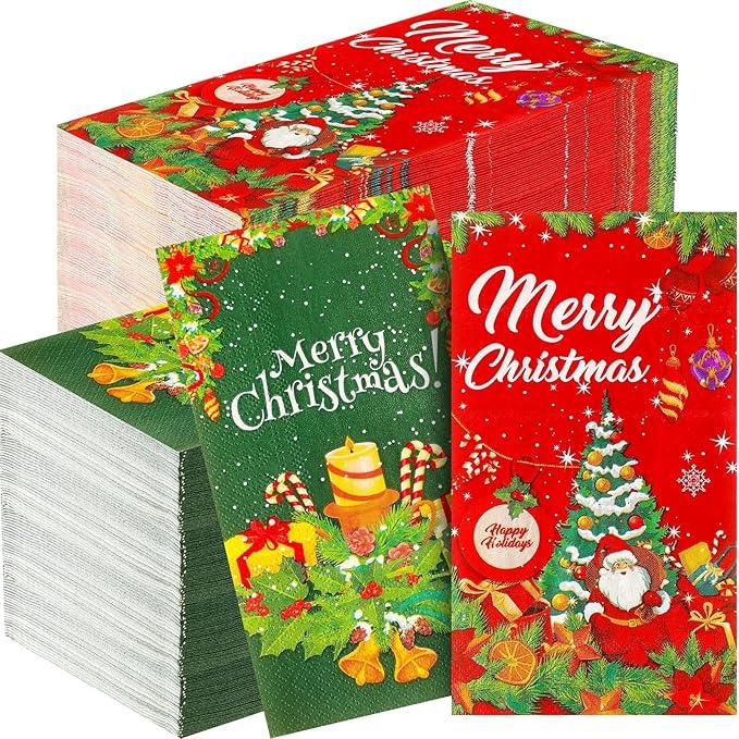 Cholemy 100 Pcs Christmas Napkins Grinch Paper Green Disposable Paper Hand Towel Christmas Guest Towels Hand Napkins Towels for Xmas Bathroom Kitchen Room Party Supplies 3.9 x 7.9 Inch