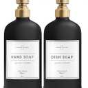 Vine Creations Black Glass Soap Dispenser, 2 Pack Kitchen Soap Dispenser Set with Stainless Steel Pump, 16 oz Dish Soap and Hand Soap Dispensers for Bathroom with Waterproof Labels (Matte Black Bottle / Brushed Brass Pump)