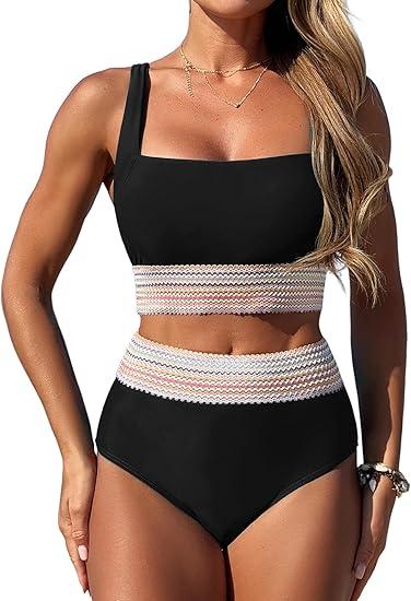 ZAFUL Women High Waisted Bikini Tummy Control Swimsuits Two Piece Swim Suits for Women 2025 Sporty Bathing Suit Swimwear M, Black
