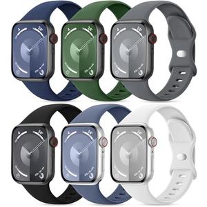 6 Sport Bands Compatible with Apple Watch Bands for Women 40mm 41mm 44mm 45mm 46mm 42mm 38mm 49mm Men, Soft Silicone Waterproof iWatch Strap for Apple Watch Series 10 9 8 Ultra SE 7 6 5 4 3 2 1, 5 Pack