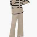 Viottiset Women's 2 Piece Outfits Stripe Sweatsuit Set Long Sleeve Button Sweatshirt Wide Leg Sweatpants Lounge Set XL