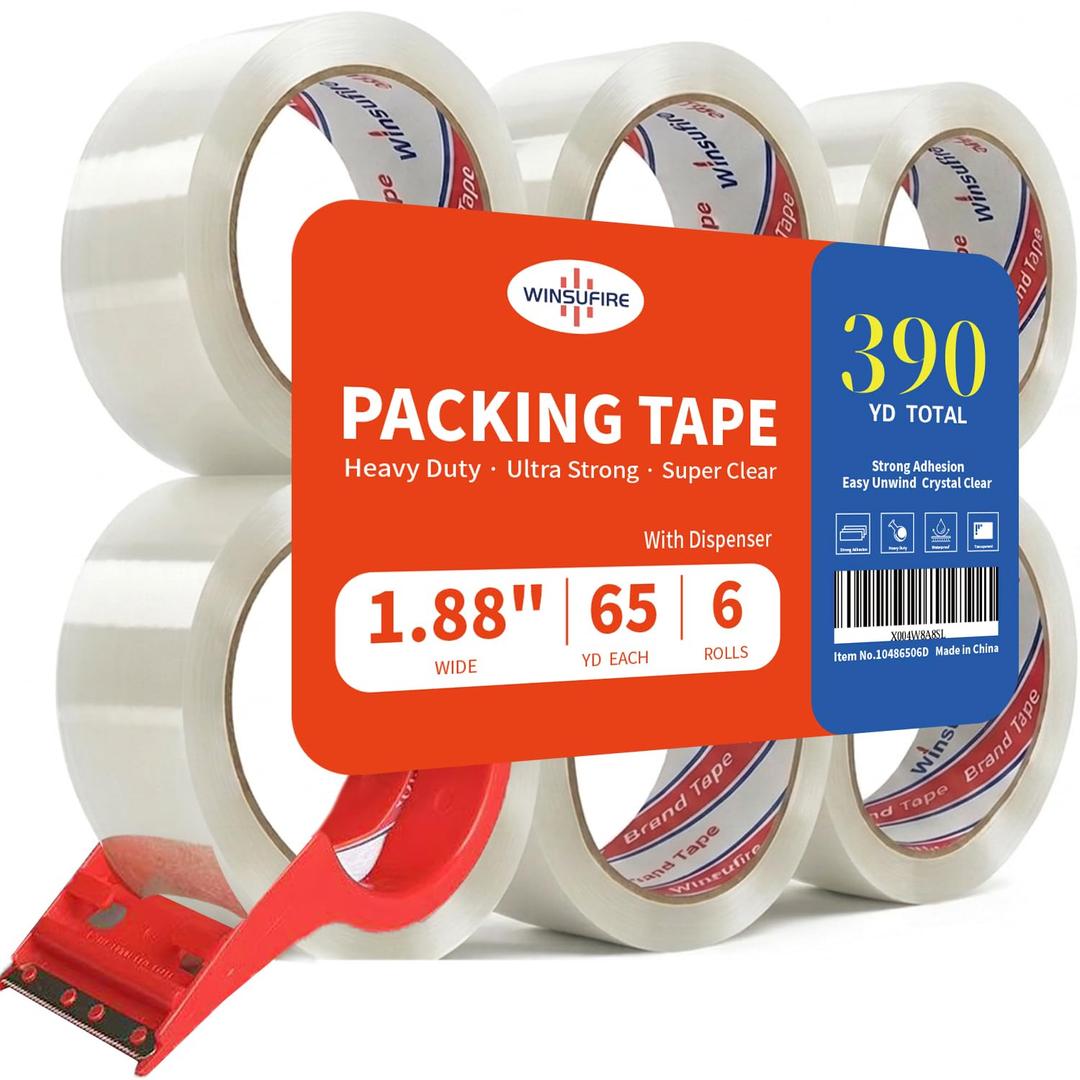 Heavy Duty Packing Tape for Shipping, Scotch Tape,Total 390Y, 1.88 inch x 65 Yards,6 Pack Clear Packing Tape, Scotch Packaging Tape with Dispenser
