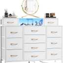 Furnulem White Dresser for Bedroom with LED Lights & Charging Station,47" Long Chests with 12 Fabric Storage Drawers,Wide Vanity Dressers Furniture for Closet,Entryway,2 Shelves Wood Top,Metal Frame