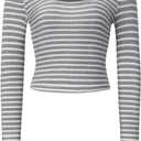 WDIRARA Women's Striped Tee Shirt Ribbed Long Sleeve Slim Fit Crop Tops (S)