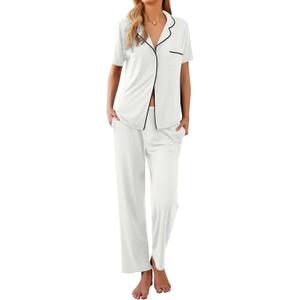 Ekouaer Women Pajamas Set Button Down Sleepwear Short Sleeve Nightwear with Long Pants Soft Pjs Set (White, XXL)