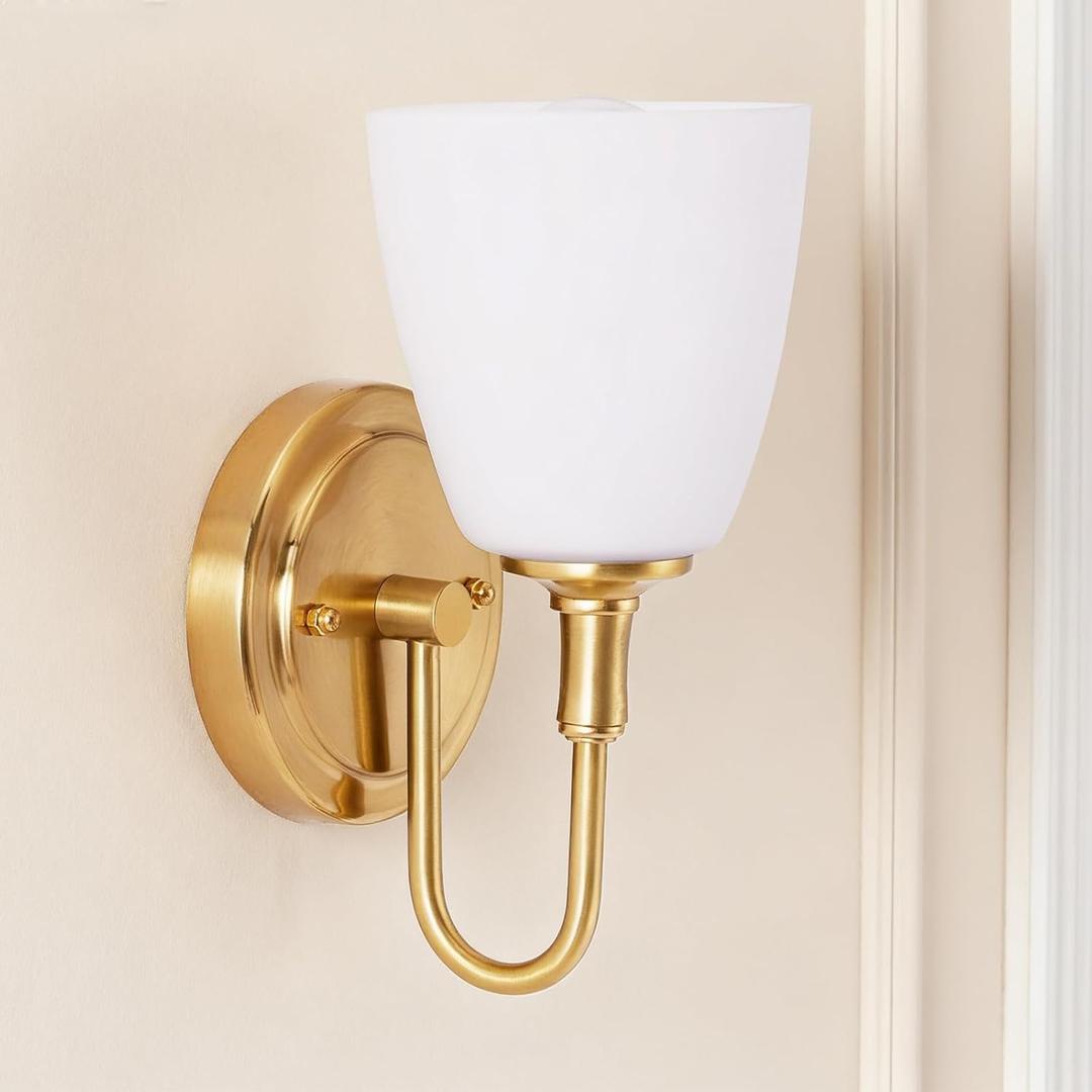 Gold Wall Sconces Vintage Bathroom Vanity Light Fixtures Frosted Milk Glass & Brass Base Indoor Wall Mount Light for Living Room,Bedroom, Bathroom, Mirror, Hallway, Stairway (Bulb not Included)