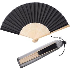 24pcs Imitated Silk Hand Fan Imitated Silk Fabric Bamboo Handheld Folded Fan Bridal Dancing Props Church Wedding Party Favors with Organza Bags (Black)