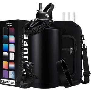 128OZ Insulated Water-Bottles with Strap - 1 Gallon Large Water Jug with Straw & Spout Lid, Stainless Steel Water Bottle Leak Proof, Cold-48h Hot-24h Metal Water Flask w/Paracord Handle, Carrier Bag (Black)