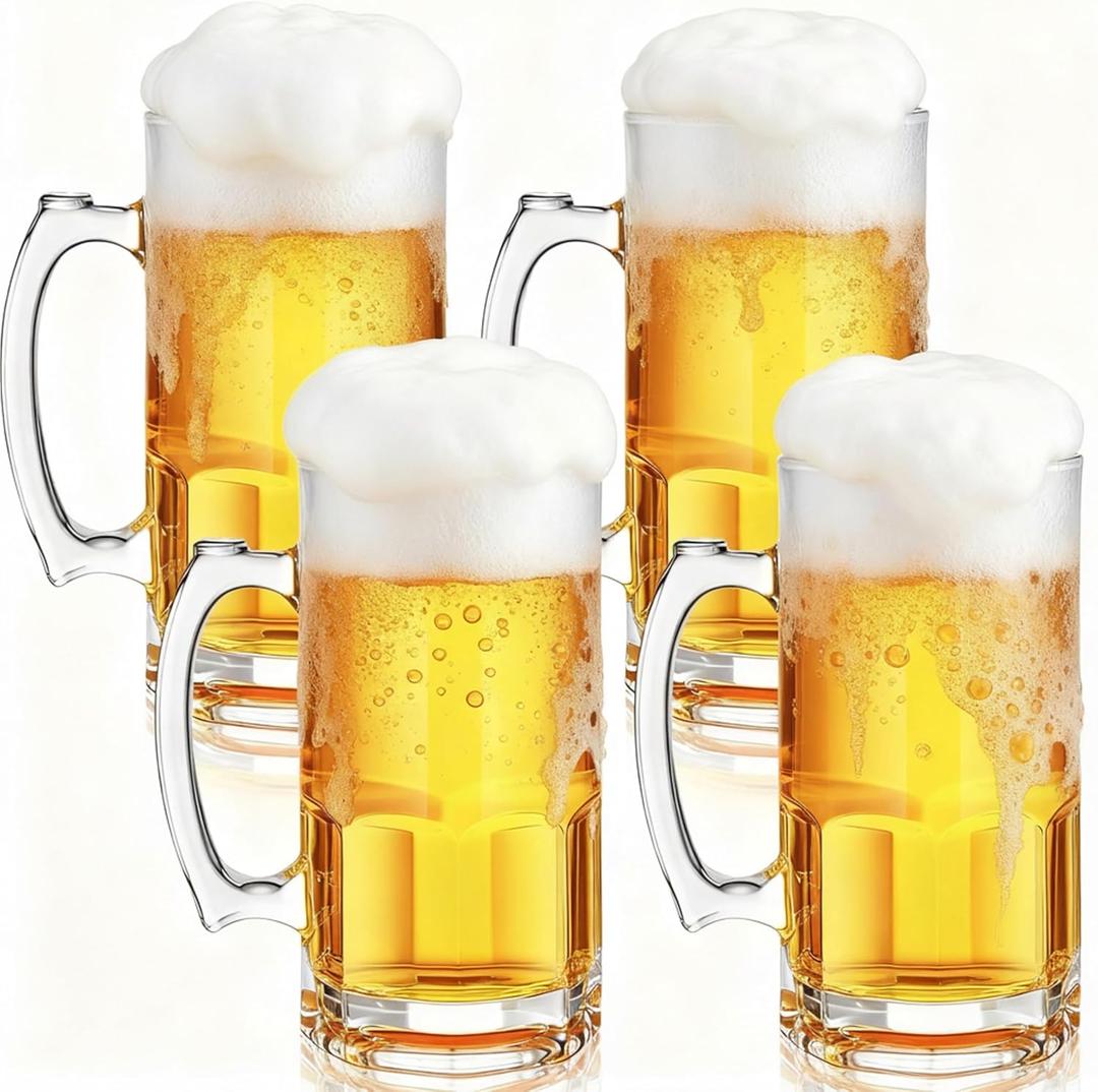 Set of 4 34 oz Extra Large Beer Mugs with Handles Glass German Clear Tall Heavy Beer Cups Steins Mugs Pint Weizen Glasses for Freezer Coffee Drinking Tea Water Cocktail Alcohol Beverages Pub