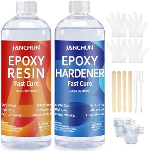 JANCHUN Crystal Clear Epoxy Resin Kit 16oz, Bubble-Free, Anti-Yellowing, Self Leveling Easy Mix 1:1 Coating and Casting Resin for Table Top, Molds, Tumbler Crafts, Painting, Jewelry, DIY Gifts