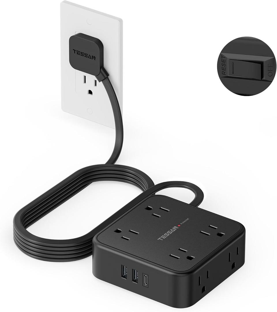 TESSAN Surge Protector Power Strip, 10 Ft Flat Plug Extension Cord with 3 USB (1 USB C) 8 Outlets, 1250W, 900J Protection, 3 Sided Outlet Extender with Power Switch for Office, Dorm Room, Black