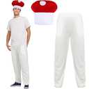 Suhine 2 Pcs Men's Mushroom Costume Accessory Set Adult Red and White Spotted Mushroom Hat White Pants Funny Cosplay Outfits for Halloween Game Character Dress up Party Supply, S