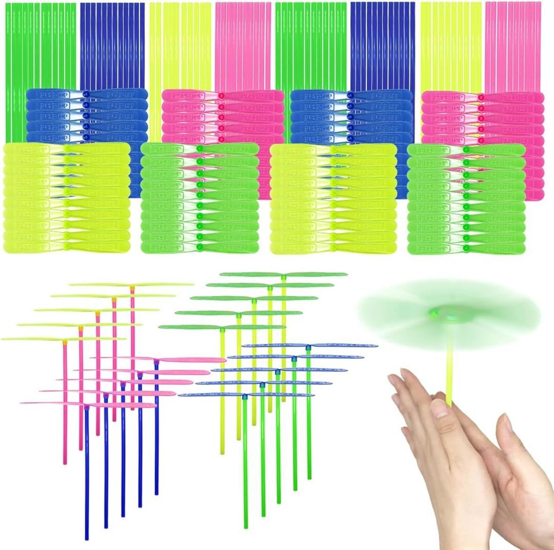 200 Pcs Hand Helicopter Set, 100 Propeller+ 100 Rod Bamboo Dragonfly Helicopter Toy, Aero Props Hand Spinner Flying disc Launcher Outdoor Toys Flying Party Gift Favors for Kids 8-12,4-6