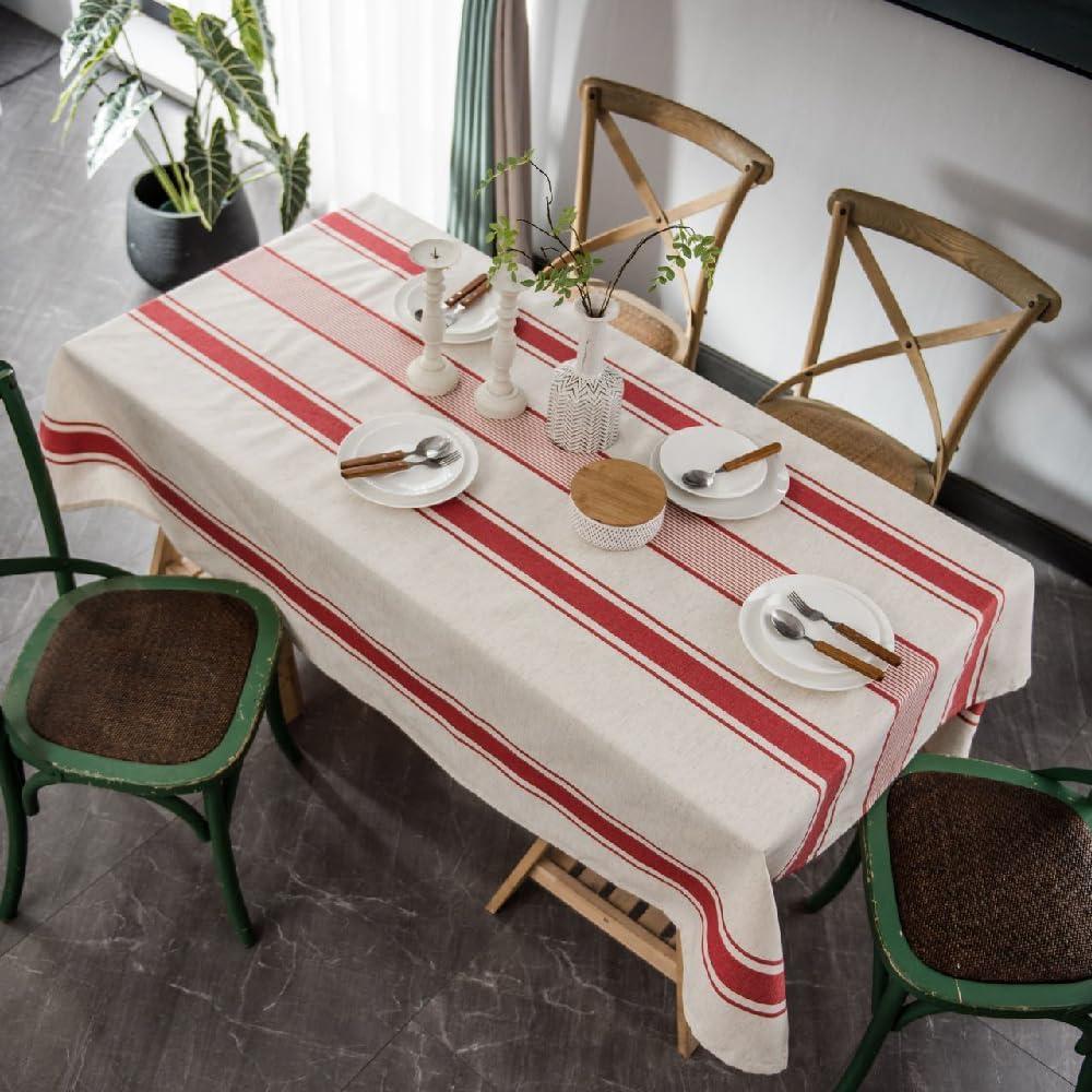 ArtBud White Red Tablecloth Cotton Linen Farmhouse Table Cover Soft Washable Table Top for Parties Coffee Kitchen Dcor Stripe(Rectangle/Oblong, 60"70"(4-6 Seats)