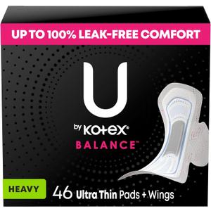 U by Kotex Balance Ultra Thin Pads with Wings, Heavy Absorbency, 46 Count 