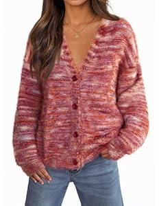 MEROKEETY Women's Fall Fuzzy Colorful Knit Cardigan Sweaters Winter Button Down Boho Casual Long Sleeve Outerwear Top, Red, Large
