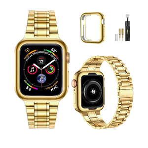 MioHHR Solid Stainless Steel Band Compatible with Apple Watch 41mm, Metal Strap with Soft TPU Case for iWatch Series 9 8 7 Women and Men, Gold