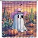 Halloween Desert Ghost Shower Curtain Tropical Cactus Pumpkin Scary Bat Mountain Sunset Scene Bathroom Decor Polyester Curtains with Hooks,70Wx70L (Orange)