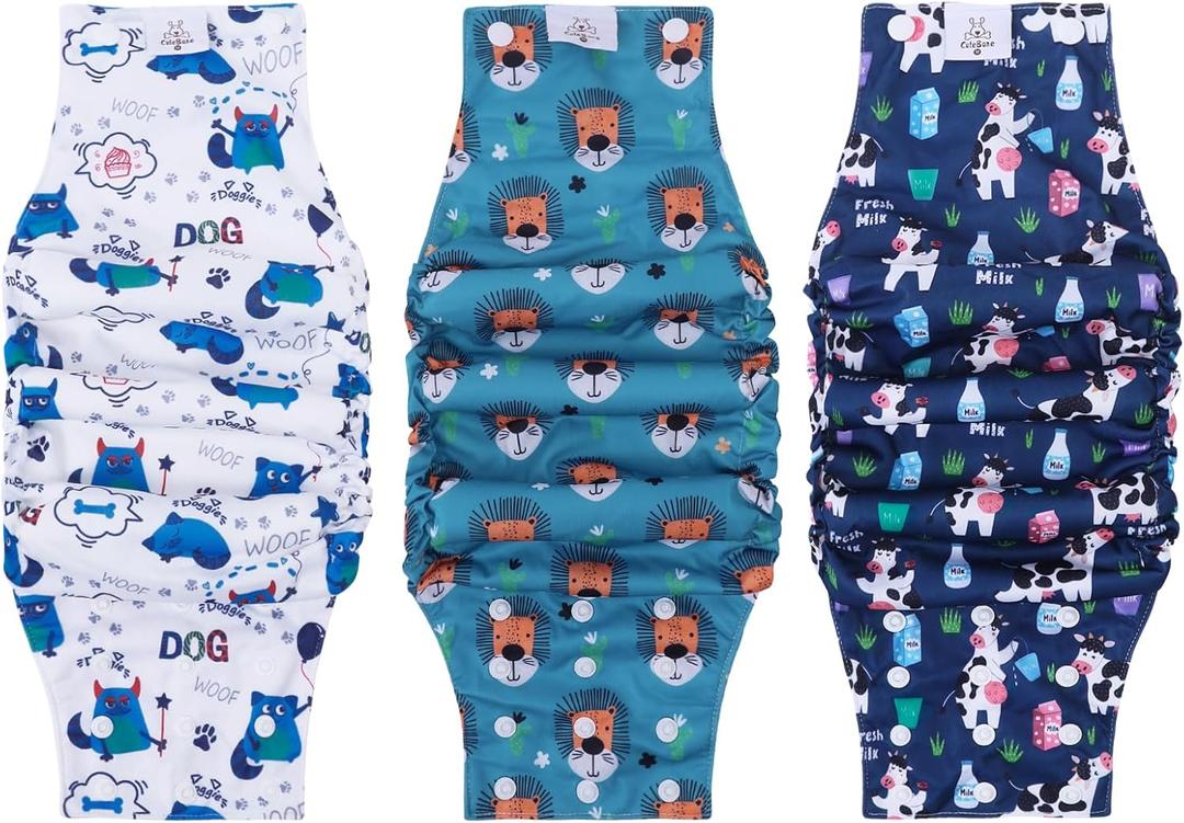 CuteBone Washable Dog Diapers Male with Snaps Reusable 3pcs a Pack Doggie Belly Band for Male Dogs Wraps KDM06M (M(14"-17"))