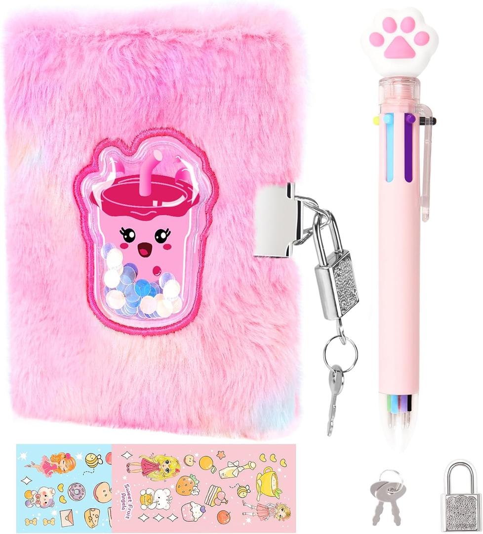 PrinBarBee Boba Diary For Girls With Lock And Keys, Girl Journal, Girls Fuzzy Notebook Gift Set For Writing And Drawing,Lock Diary For Kids, Birthday Gift For Kids Ages 6-8