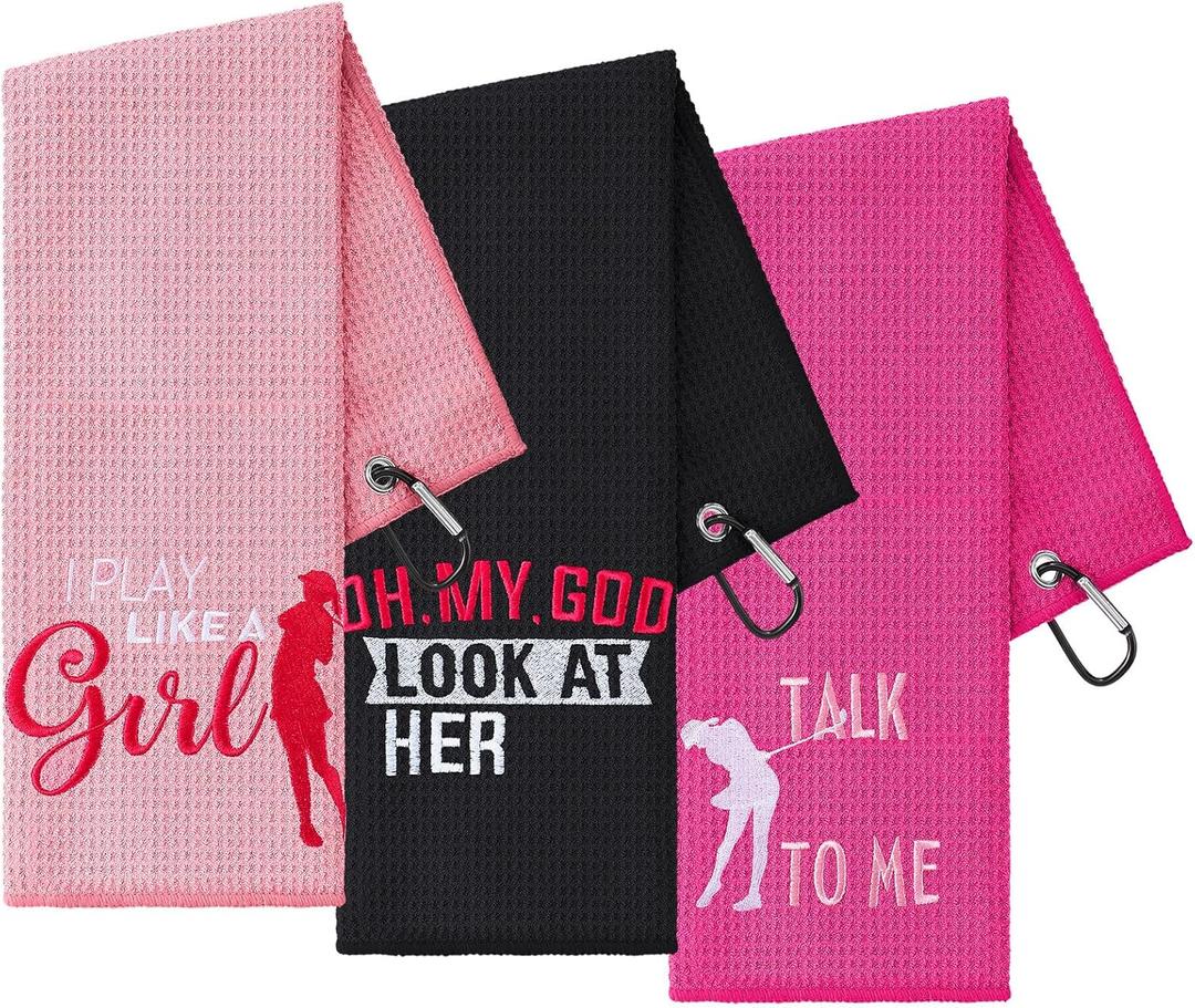 Moukeren 3 Pack Funny Golf Embroidered Towels for Bags with Clip Golf Gift for Men Women Birthday Fan Retirement Mothers Day (Black, Hot Pink, Pink, Elegant Style)