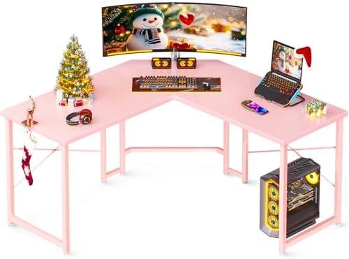 Casaottima L Shaped Gaming Desk, Corner Desk Gaming Table for Home Office, Computer Desk Sturdy Writing Workstation for Small Space, Easy to Assemble, 51 inch, Carbon Fiber Surface, Pink