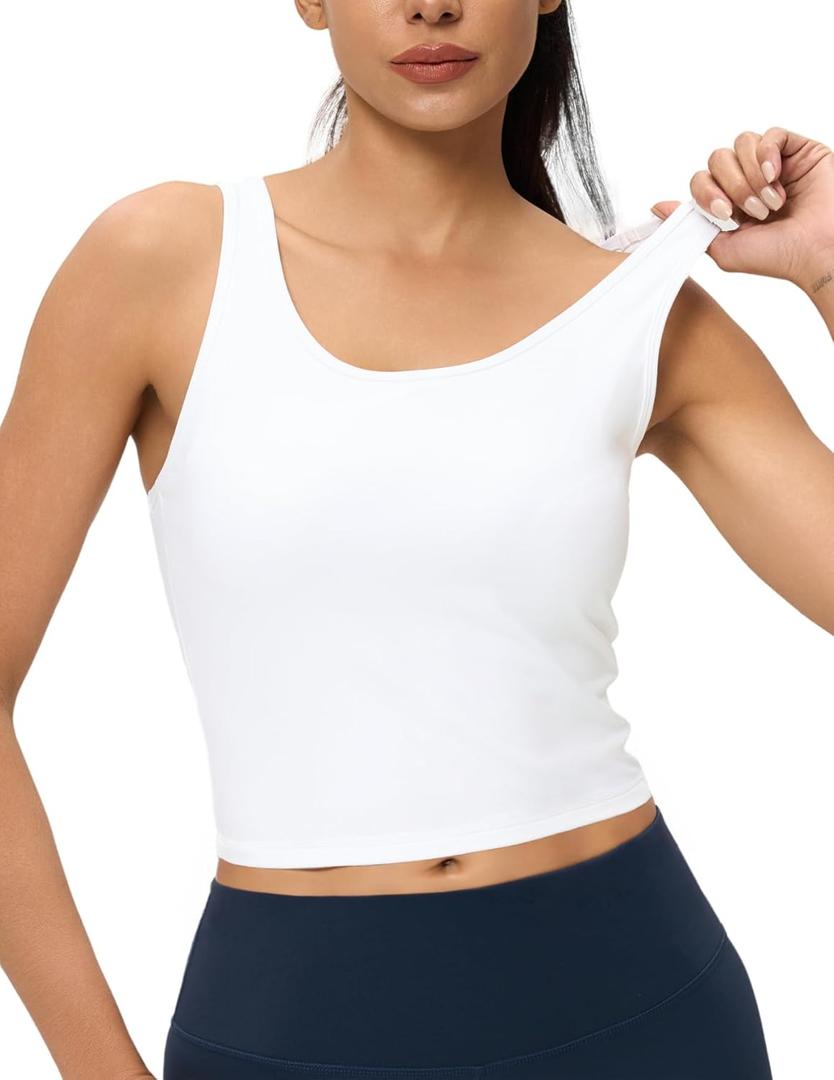 AJISAI Womens Double Lined Workout Tank Tops Scoop Neck Yoga Tanks Casual Crop Sleeveless Summer Top (White, L)