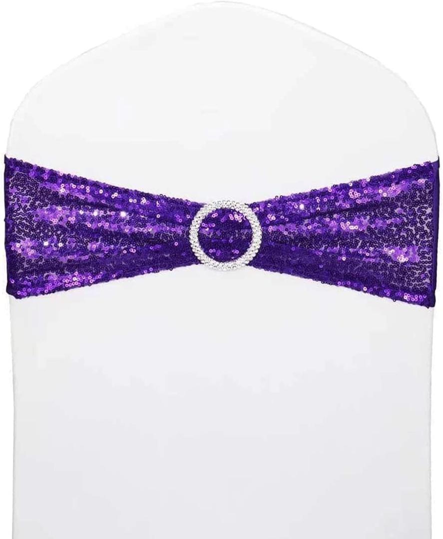 50 Pcs Sequin Chair Sashes Stretch Chair Bands Spandex Polyester Bows for Party Hotel Wedding Banquets Decoration - Purple
