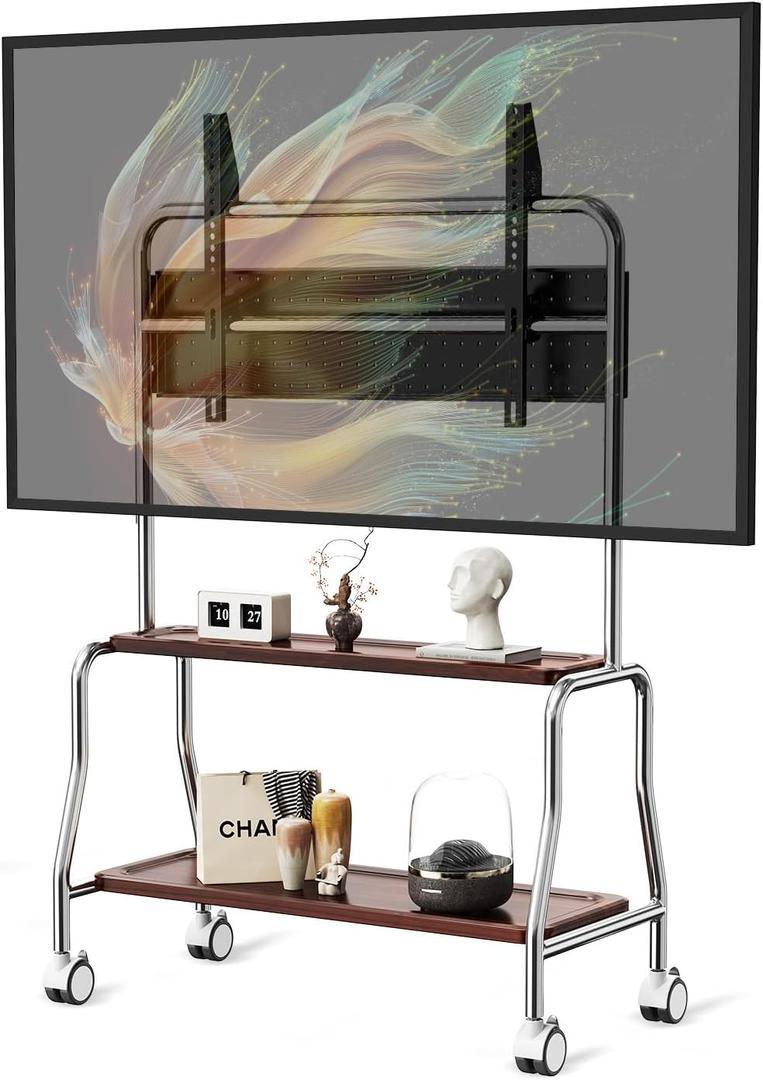 Easel Rolling TV Stand for 32-75" TVs, Stainless Steel TV Cart with Shelf