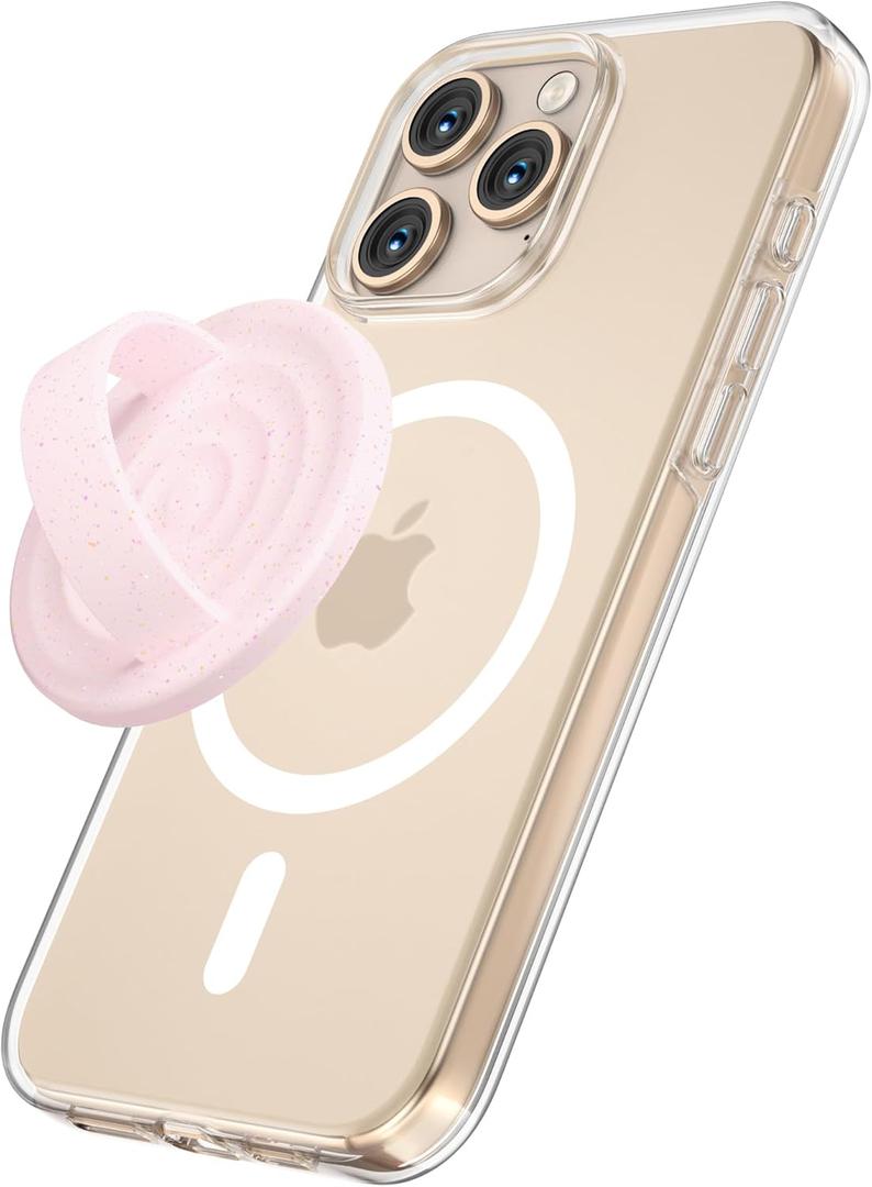 Magnetic Phone Grip Holder Compatible with MagSafe, Ultra Thin Silicone Finger Loop Ring Magnetic Grips for Back of Phone for iPhone Pro Max/Plus/16/15/14/13/12 Series, Pink Sparkle