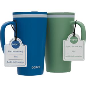 Copco Cone Travel Coffee Mug, 16 oz (Set of 2) - Insulated Mugs with Handle, Double Wall Reusable Tumblers with Twist-Off Spill Resistant Lid, BPA-Free, Microwave & Dishwasher Safe (Blue/Green)