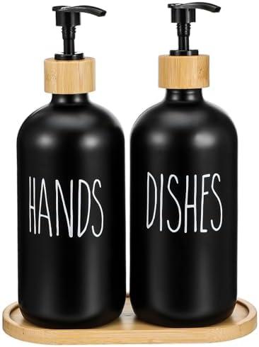 Black Glass Soap Dispenser Set - Dish and Hand Soap, Stainless Steel Pump, Kitchen Decor